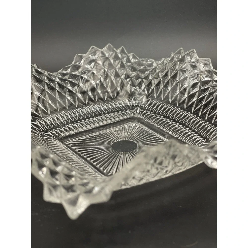 Diamond Point Square Glass‎ Bowl Clear Sunburst Center 7 Inch
